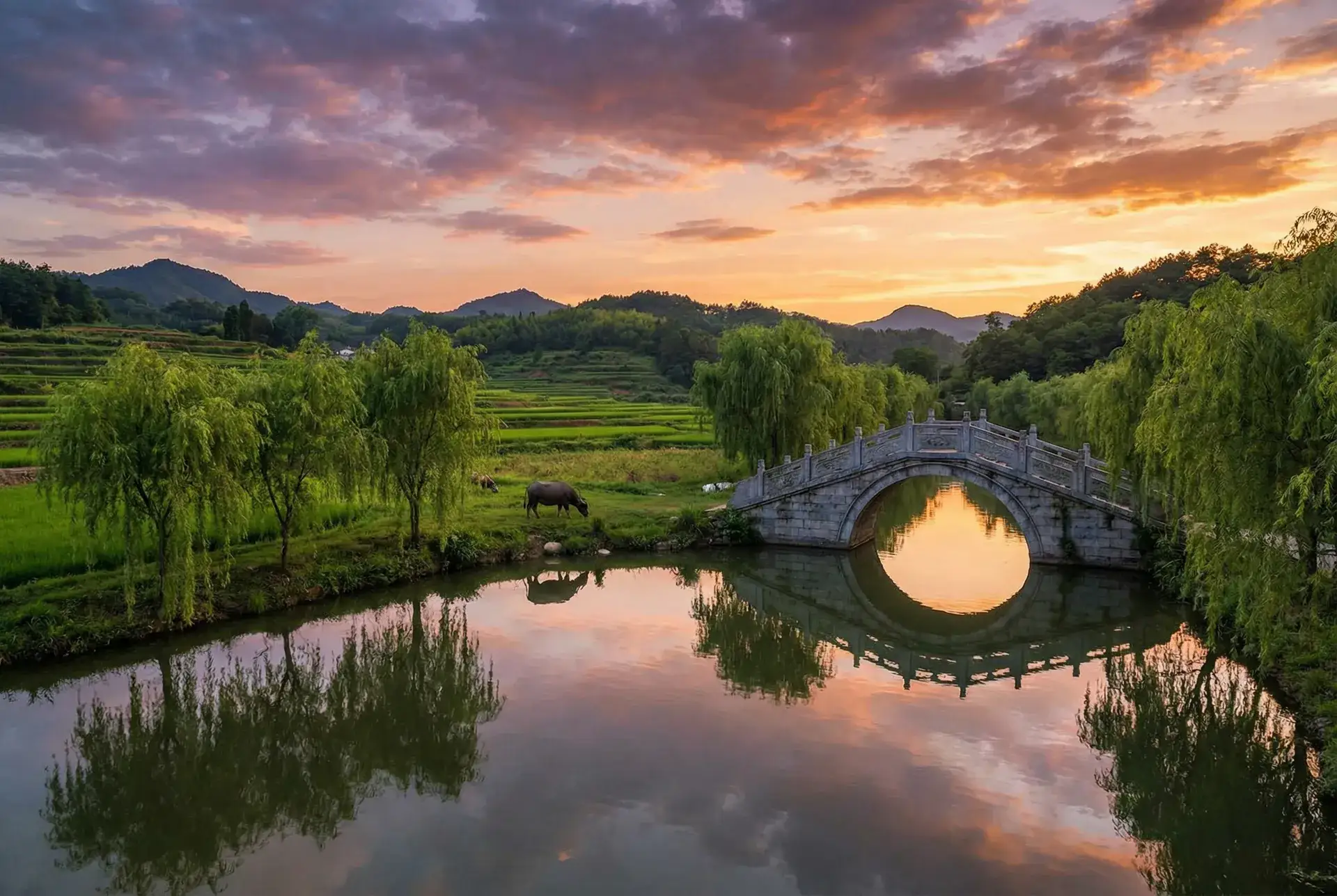 夕阳下的石拱桥与垂柳，水牛在河边吃草 - 相对湿度肉车第八 乡村美景